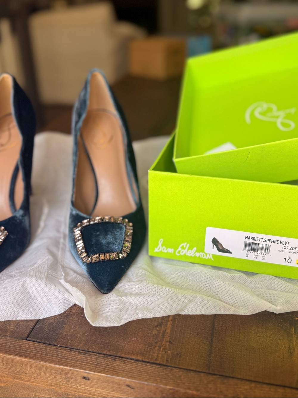 PRICE DROP!! Sam Edelman Teal Velvet Pointed Toe Heels with Crystal Buckle - Picture 4 of 6